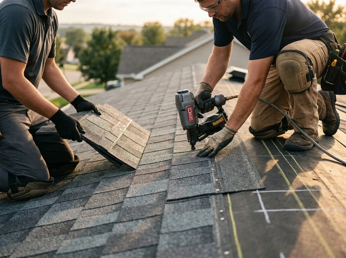 Professional roofer working on a residential roof in Sabattus